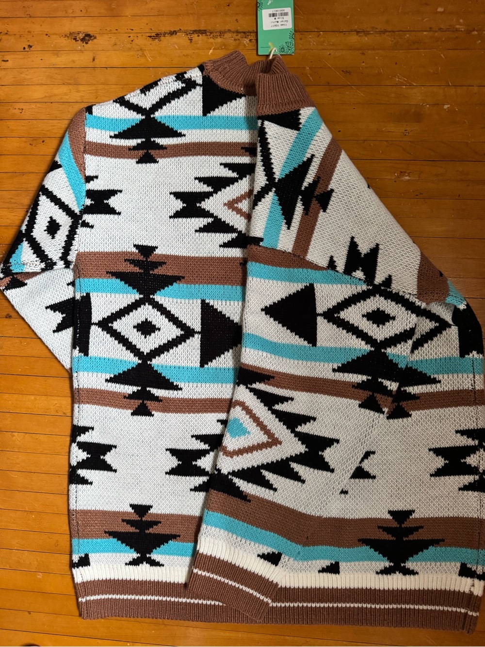 Women’s Aztec Pattern Crewneck Sweater in Brown, Turquoise & Black - Picture 2 of 3